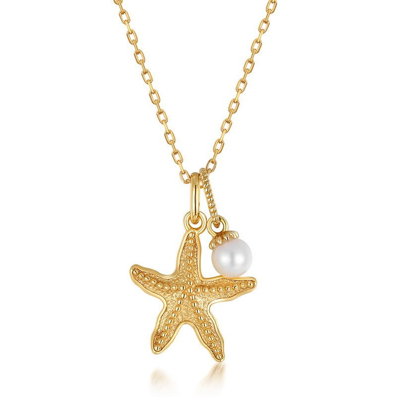 Summer New Starfish Necklace for Women - S925 Silver with 9K Gold Plated and Natural Freshwater Pearl,18"