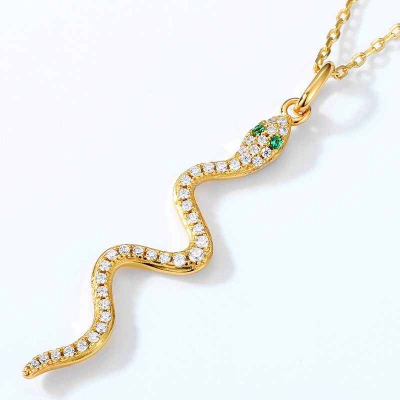 Luxury Snake Pendant Necklace - S925 Silver with Nano Green Zircon and 9K Gold Plating，18”