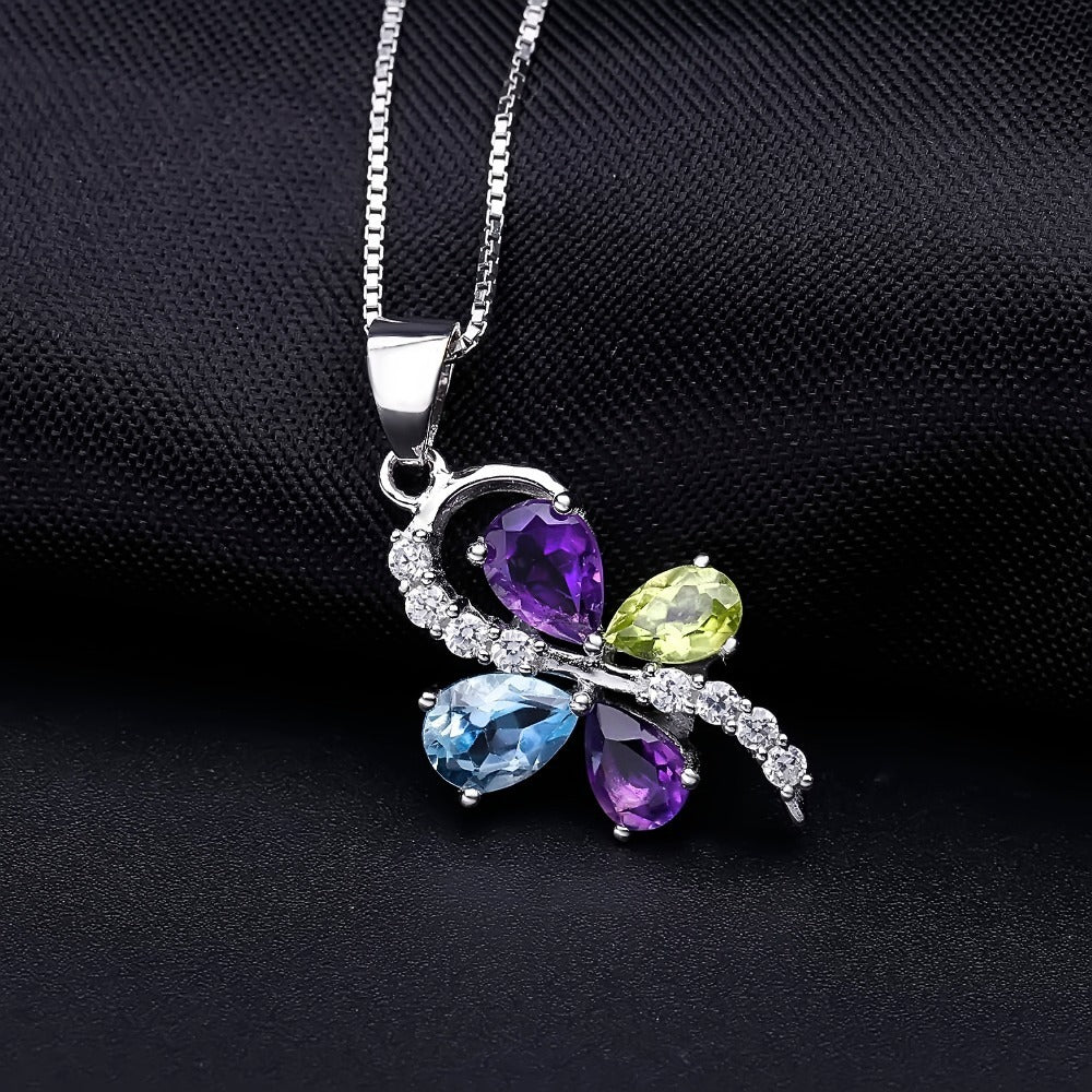 Kemstone Natural Sky Blue Topaz/Amethyst/Peridot S925 Sterling Silver Gemstone Necklace for Women,18"