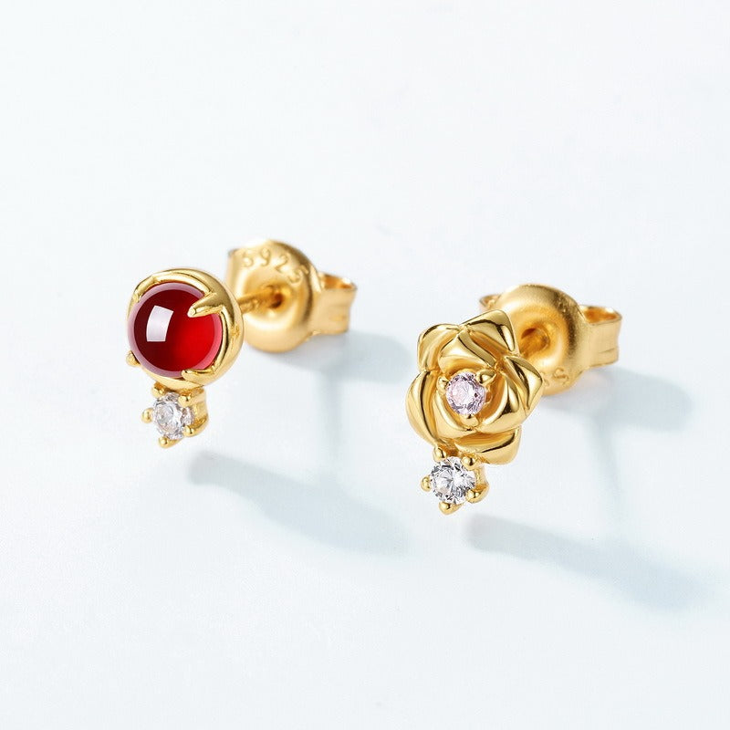 Minimalist Garnet Rose Stud Earrings - Trendy S925 Silver Gold-Plated Delicate Design