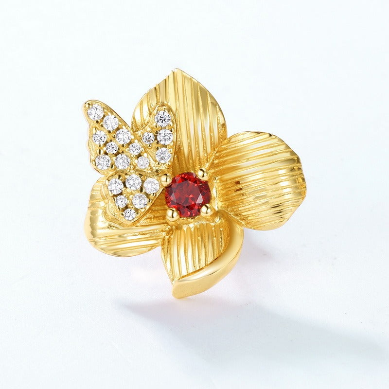 Spring Garden Collection Camellia Flower Garnet Stud Earrings - Original Design S925 Silver Gold-Plated