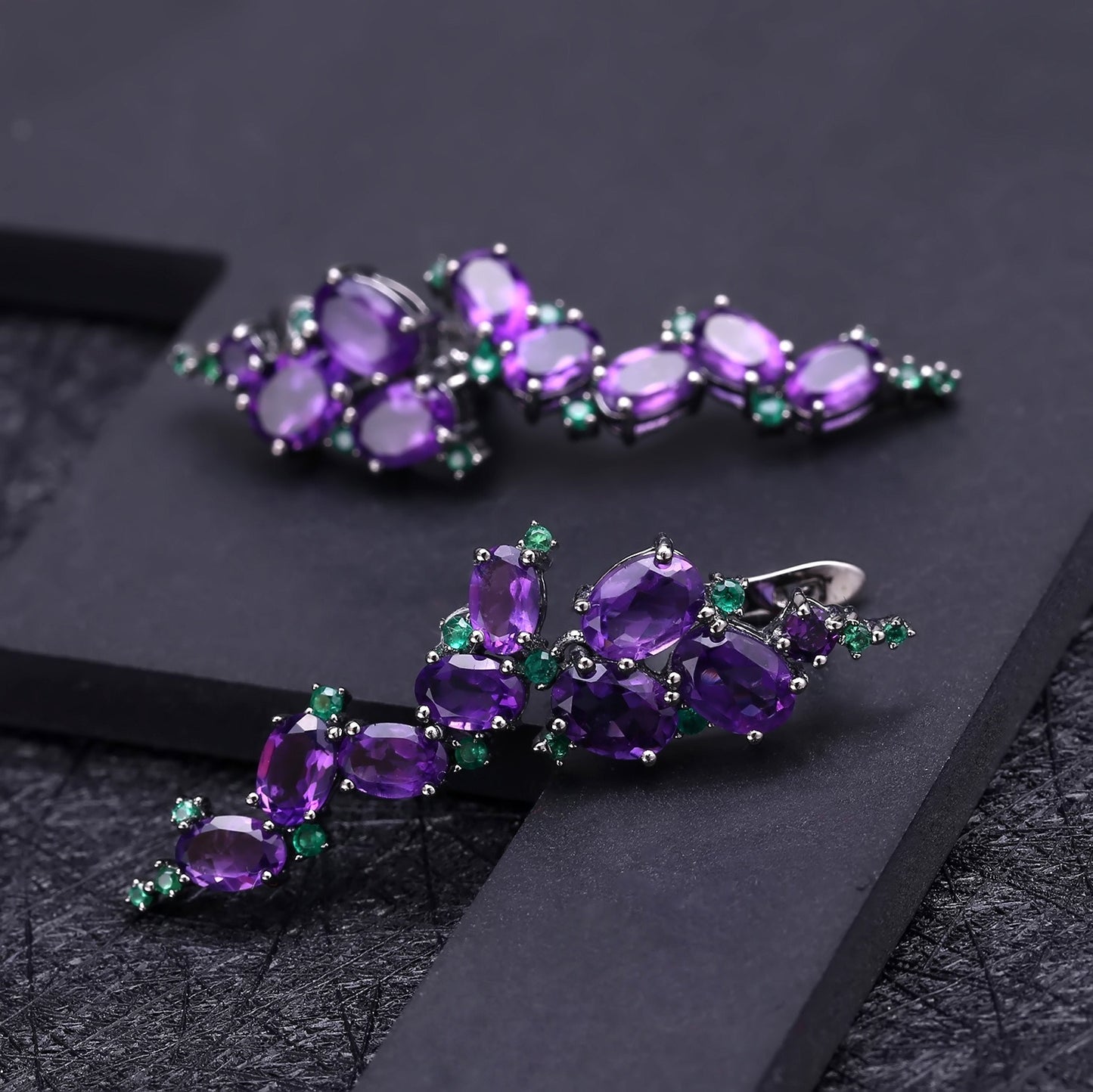 Kemstone Vintage Natural Amethyst Leaf-shaped Gemstone Earrings | 925 Sterling Silver