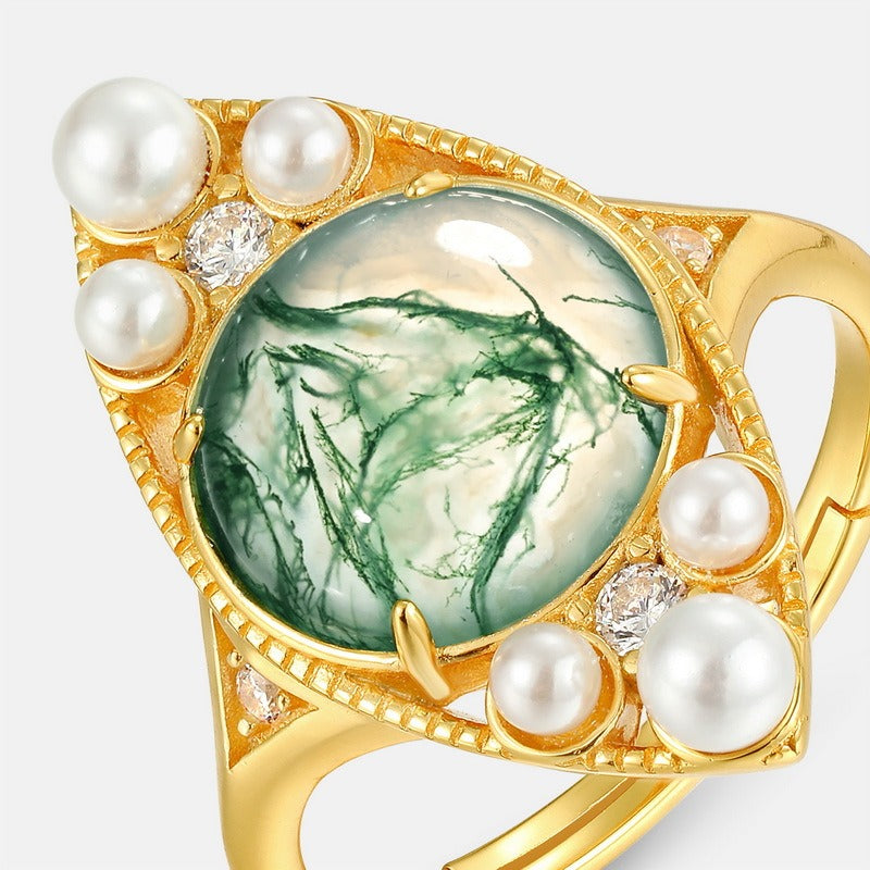 Minimalist Moss Agate Ring - Adjustable S925 Silver with 10K Gold-Plated