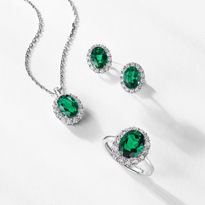 Kemstone Created Emerald Earrings | S925 Sterling Silver White Gold-plated Oval Cut | AAAA Zircon Surround | Fashionable Lightweight Stud Earrings