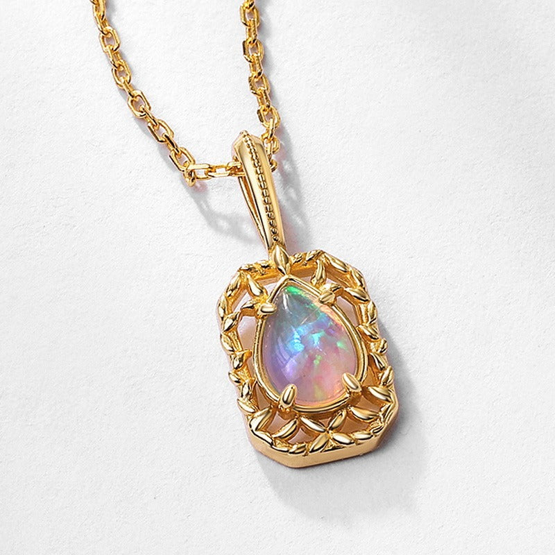 Vintage Opal Pendant Necklace - Intricate S925 Silver Gold-Plated Design,18"