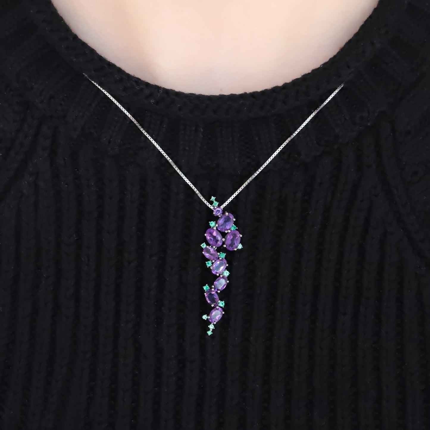 Kemstone Vintage Natural Amethyst Leaf-shaped Gemstone Necklace | 925 Sterling Silver