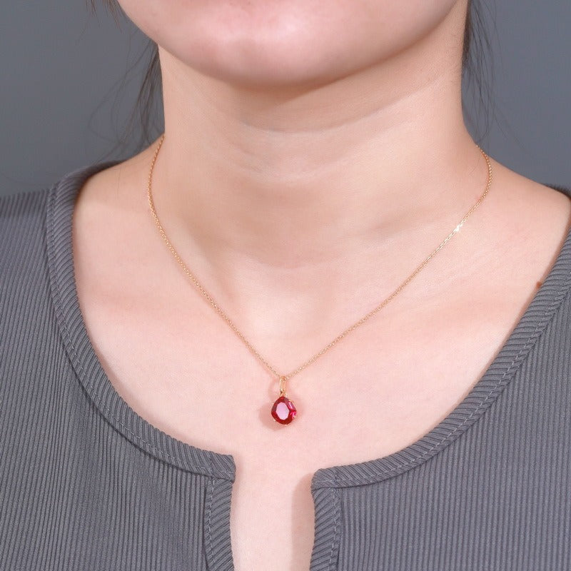 Kemstone Luxury Jewelry S925 Sterling Silver Collarbone Necklace with Wine Red Lab Grown Ruby Pendant,18"