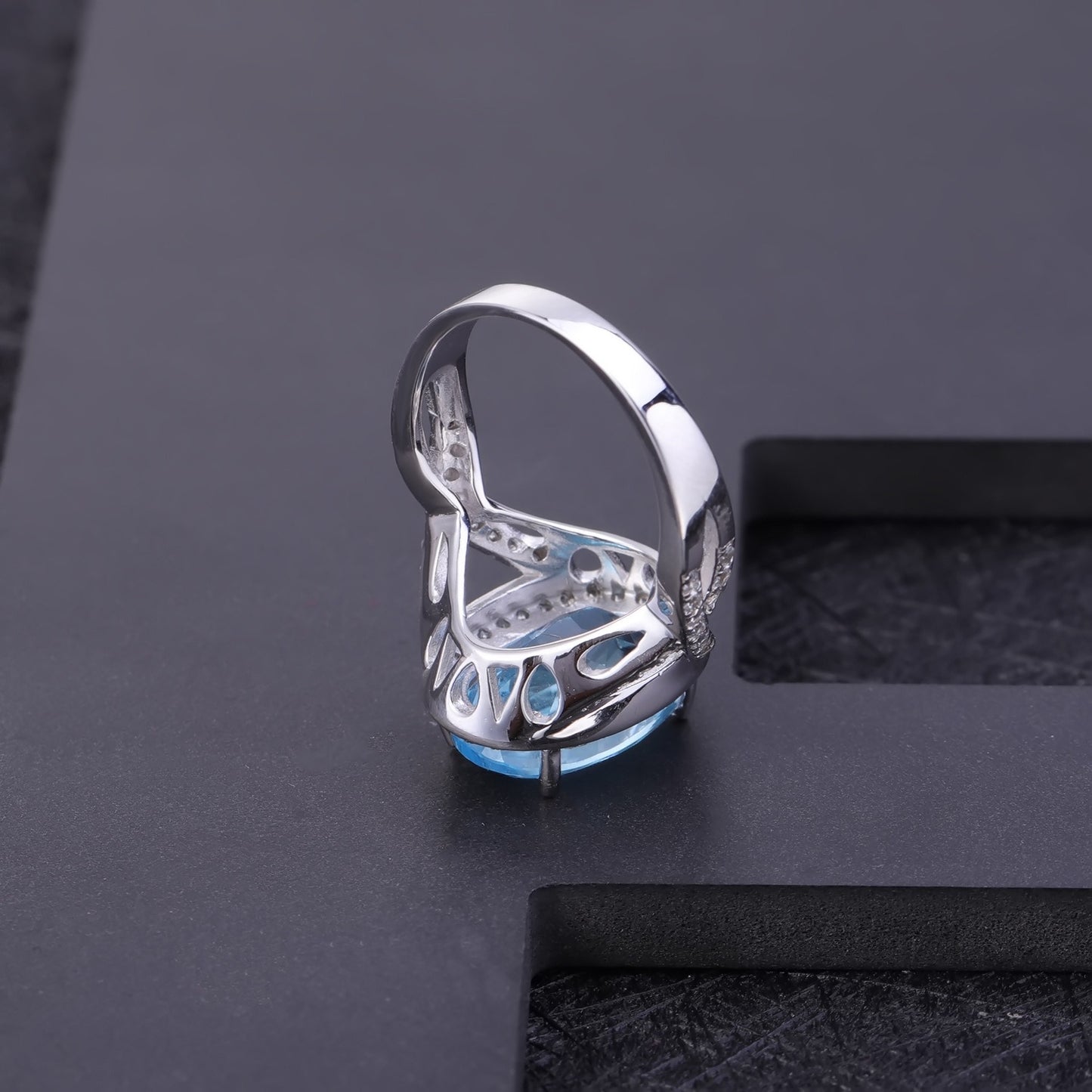 Kemstone Anillo de topacio azul cielo de corte ovalado de 8,15 quilates, anillos huecos de plata de ley para mujer, K245032R