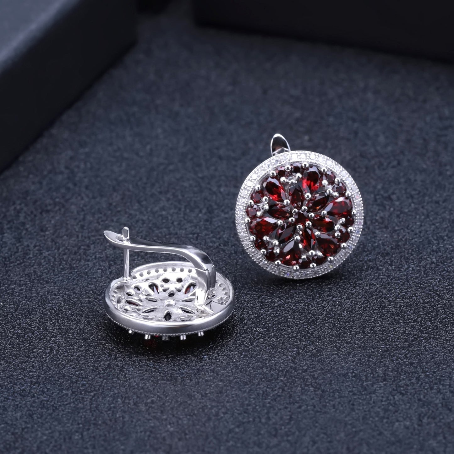 Kemstone 925 Sterling Silver Red Garnet Circle Stud Earrings with Cubic Zirconia Accents,K245023E