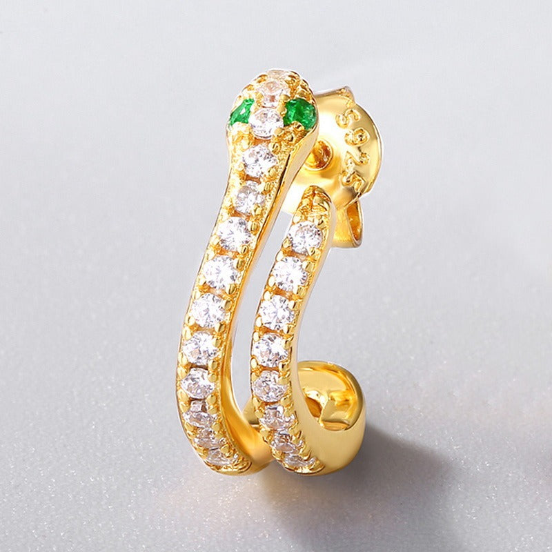 Classic Snake Stud Earrings - S925 Silver with Nano Green Zircon and 9K Gold Plating