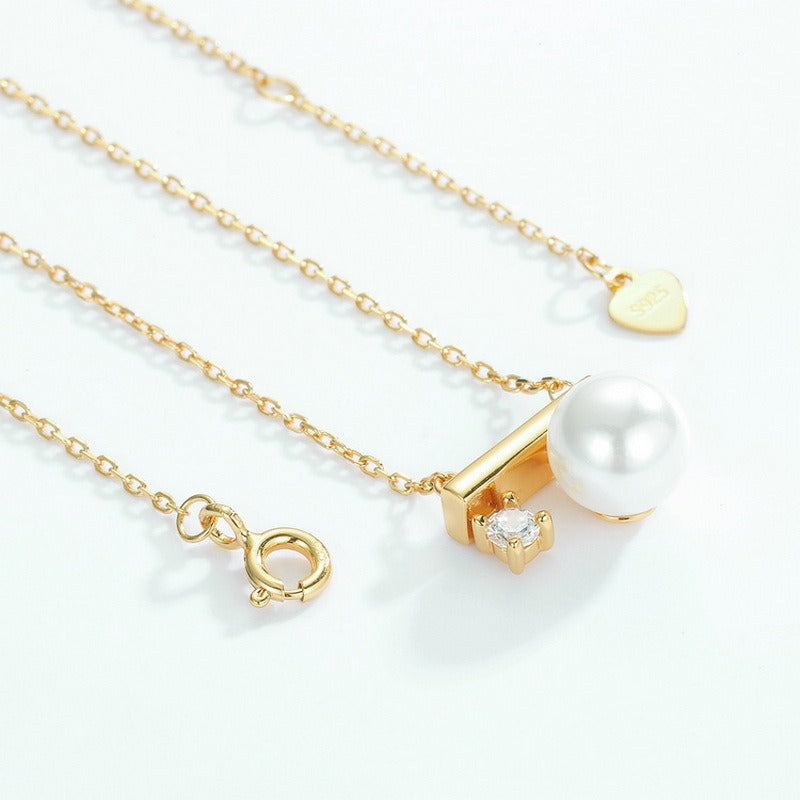 Shell Pearl and Zircon Pendant Necklace, S925 Sterling Silver with 10K Gold Plating