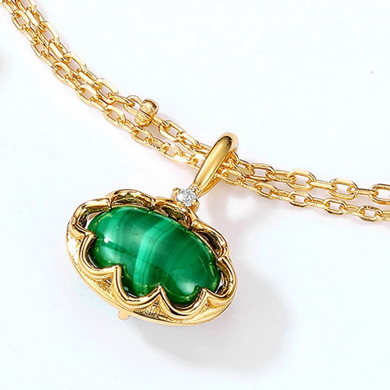 Vintage Malachite and White Crystal Pendant Necklace - Geometric Oval S925 Sterling Silver Jewelry 18"