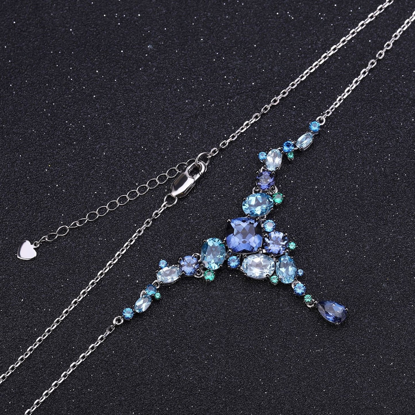 Kemstone Elegant Gemstone Pendant Necklace | 925 Sterling Silver | Swiss Blue Topaz, Nano Emerald-Green, and Nano Sapphire Blue Accents