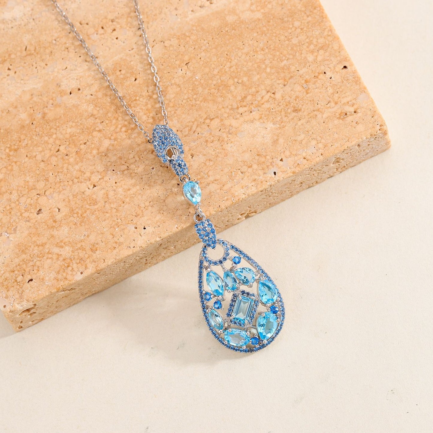 Kemstone Natural Blue Topaz and Multicolored Gemstone Teardrop Pendant Necklace | S925 Sterling Silver | 18" Chain