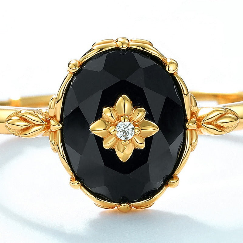 Vintage Black Onyx Ring - Adjustable S925 Silver with 10K Gold-Plated