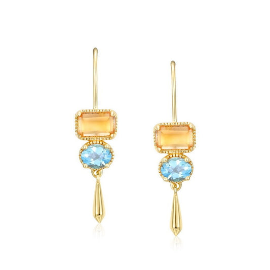 Kemstone Luxury Fashion Natural Citrine and Swiss Blue Topaz Geometric Earrings - S925 Sterling Silver Gold-plated Ear Drops