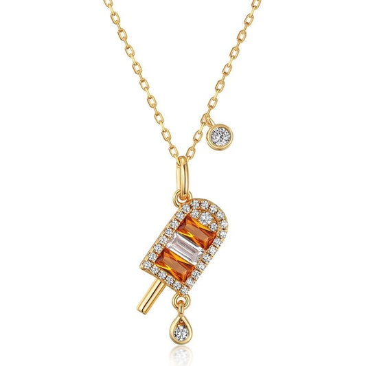 Summer New Orange Popsicle Necklace for Women - S925 Sterling Silver Ice Cream Pendant with Nano Yellow Zircon