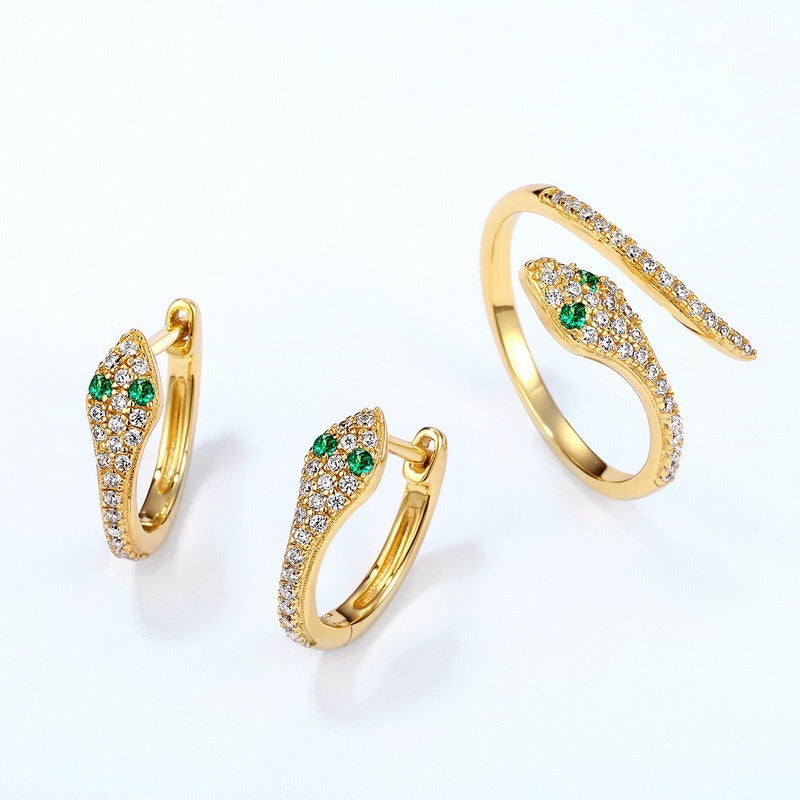 Trendy Snake Hoop Earrings - S925 Silver with Nano Green Zircon and 9K Gold Plating