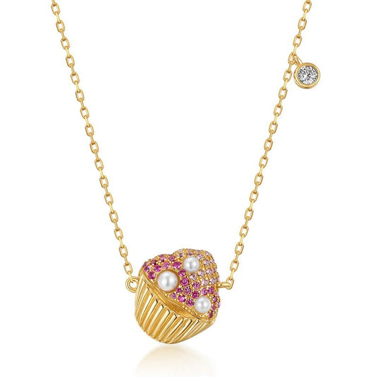 Cupcake Necklace for Women S925 Silver with Colorful Zircon and Pearl - 18"