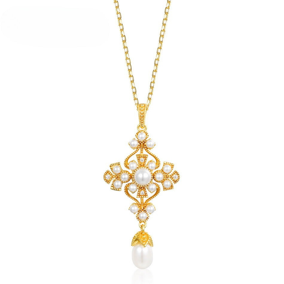 Vintage-Inspired Freshwater Pearl Pendant Necklace, S925 Sterling Silver with 9K Gold Plating