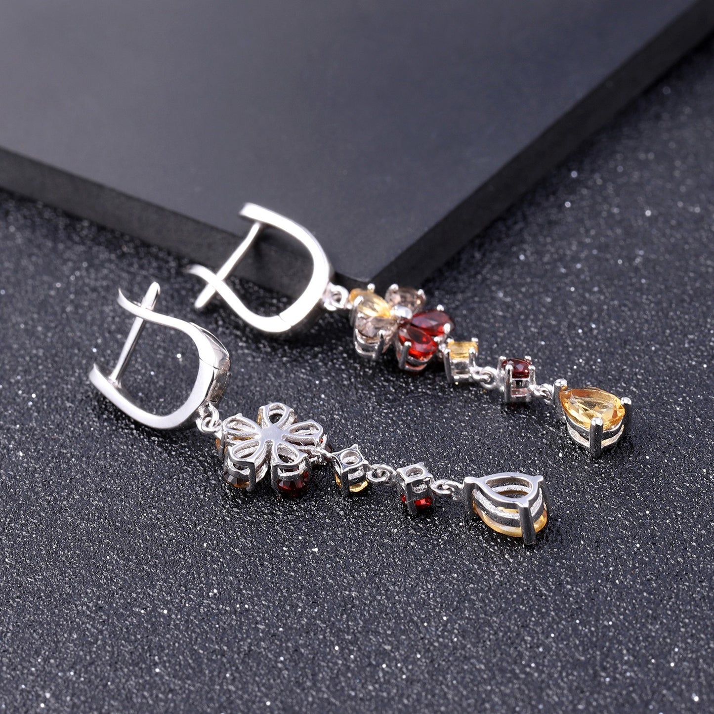 Kemstone Classic Style Natural Citrine Gemstone Dangle Earrings with Smoky Quartz and Garnet Accents | 925 Sterling Silver