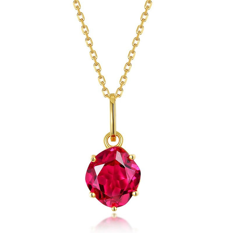 Kemstone Luxury Jewelry S925 Sterling Silver Collarbone Necklace with Wine Red Lab Grown Ruby Pendant,18"