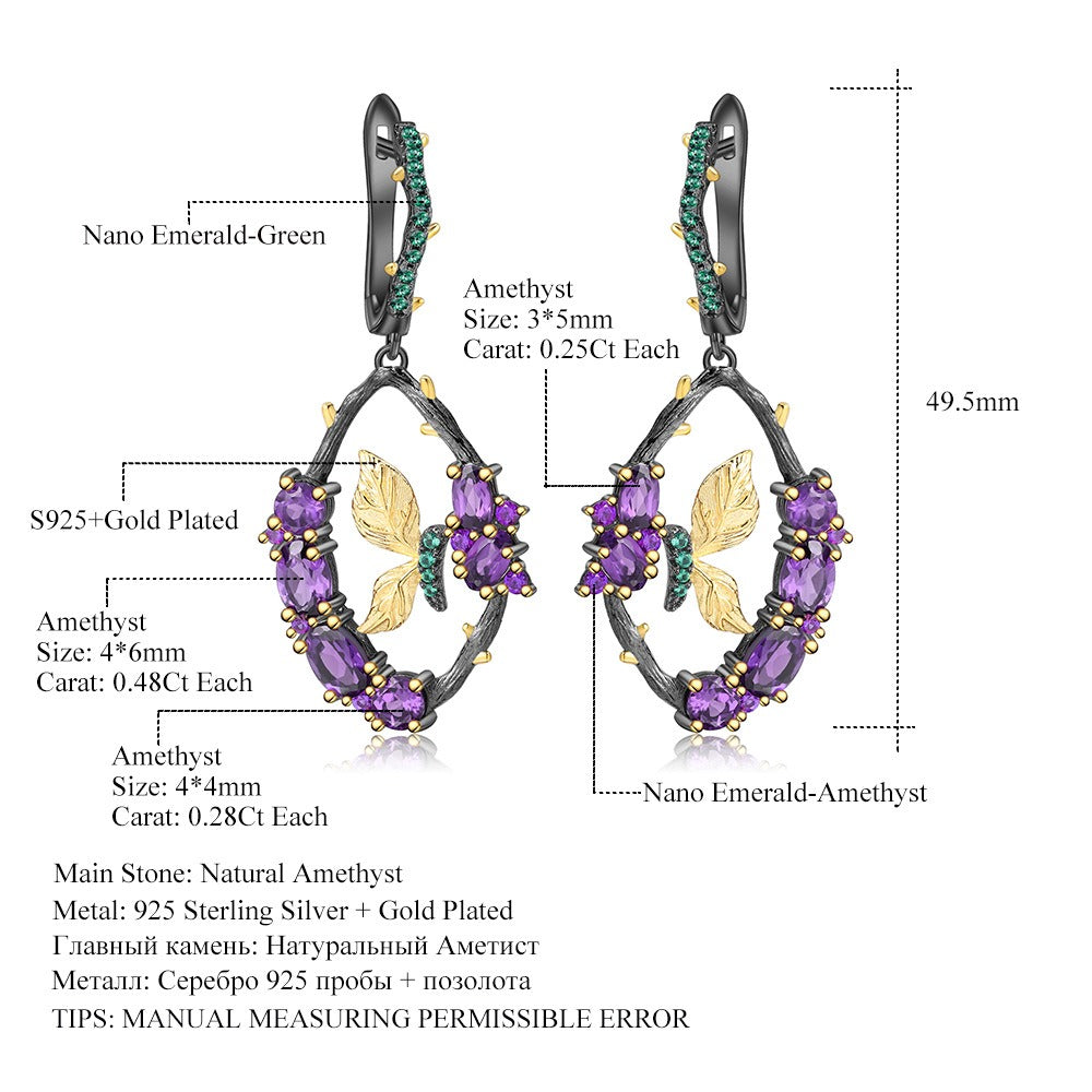 Kemstone Designer 0.48Ct Natural Amethyst Gemstone Dangle Drop Earrings with Butterfly Design S925 Sterling Silver Jewelry,2"