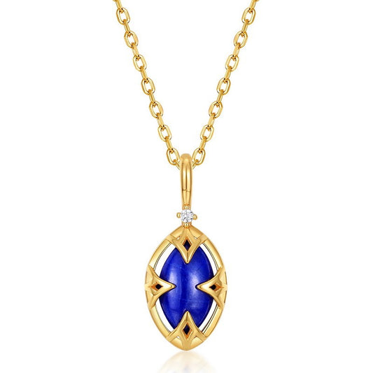 Vintage Lapis Lazuli and White Crystal Reversible Pendant Necklace - S925 Sterling Silver with Gold Plating