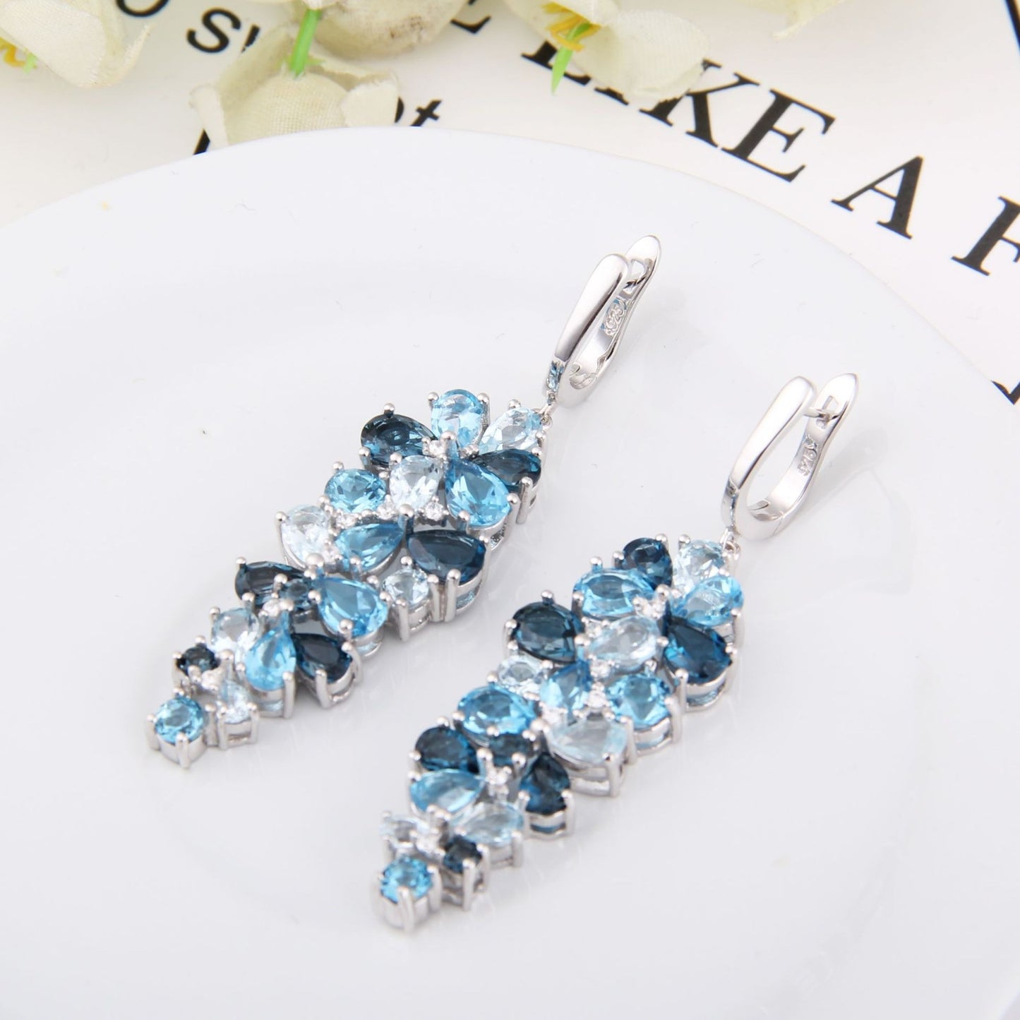 Kemstone Sky and London Blue Topaz Cluster Dangle Earrings Sterling Silver Earrings Wedding Party Jewelry