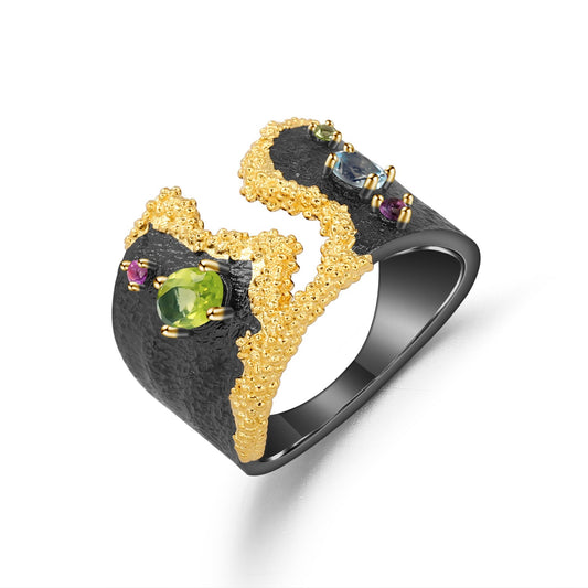 Kemstone Designer Gemstone Ring S925 Sterling Silver with Natural Peridot/Amethyst/Topaz