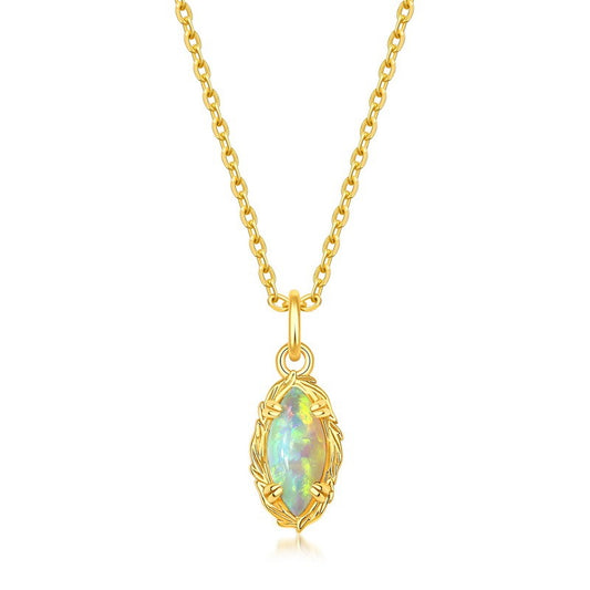 Geometric Marquise Opal Pendant Necklace - Vintage S925 Silver Gold-Plated Design,18"