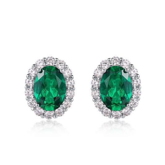 Kemstone Created Emerald Earrings | S925 Sterling Silver White Gold-plated Oval Cut | AAAA Zircon Surround | Fashionable Lightweight Stud Earrings