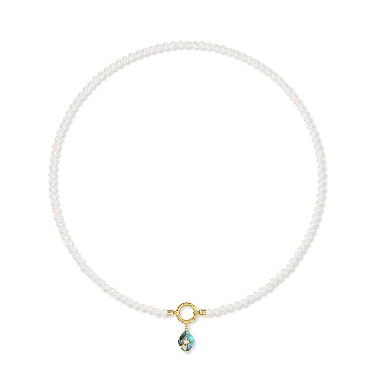 Kemstone Luxury Vintage Pearl Necklace - S925 Sterling Silver Abalone Shell Pendant Chain, 10K Gold Plated with Enamel,K244285N