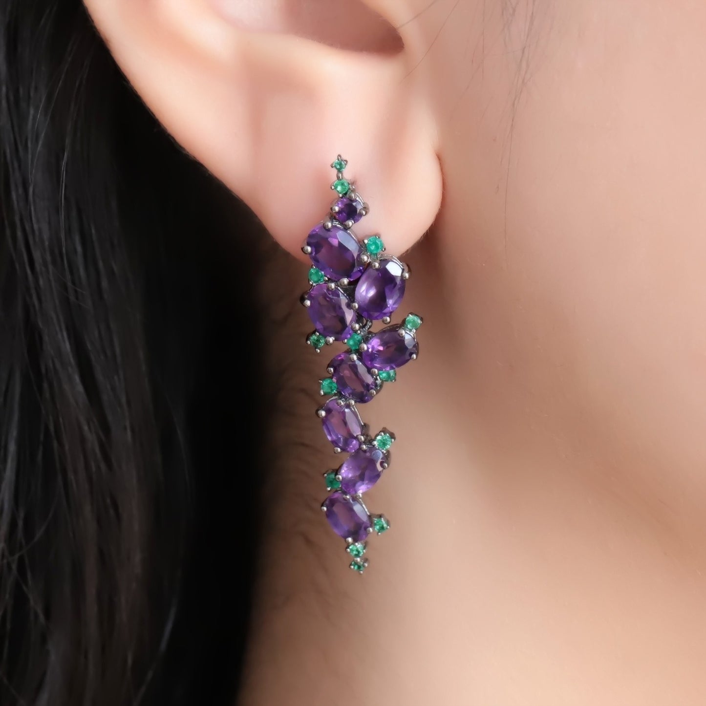 Kemstone Vintage Natural Amethyst Leaf-shaped Gemstone Earrings | 925 Sterling Silver