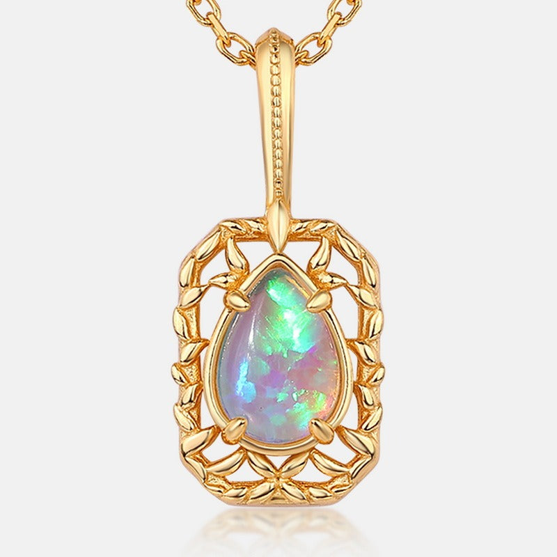 Vintage Opal Pendant Necklace - Intricate S925 Silver Gold-Plated Design,18"