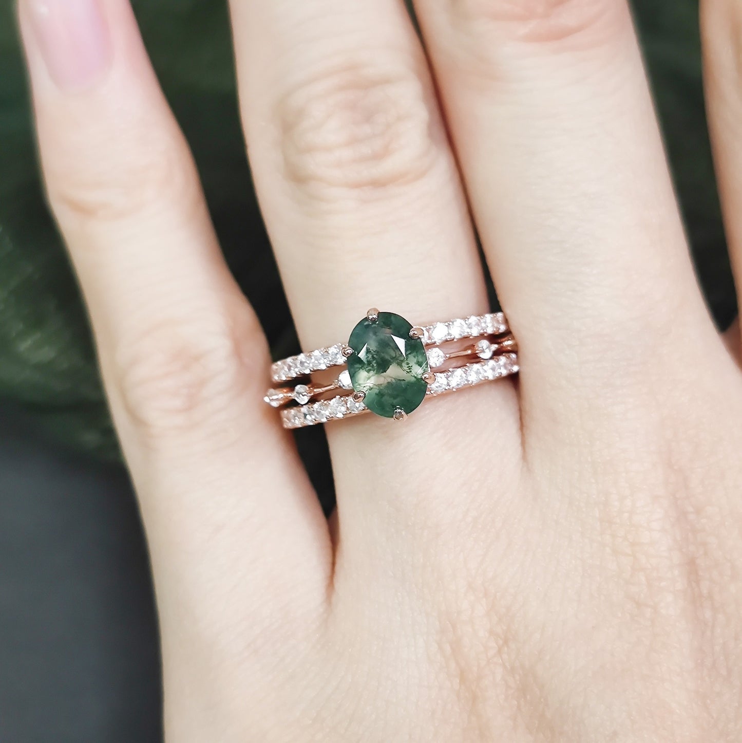 Kemstone Oval Natural Green Moss Agate Gemstone 925 Sterling Silver Women Engagement Wedding Ring Sets