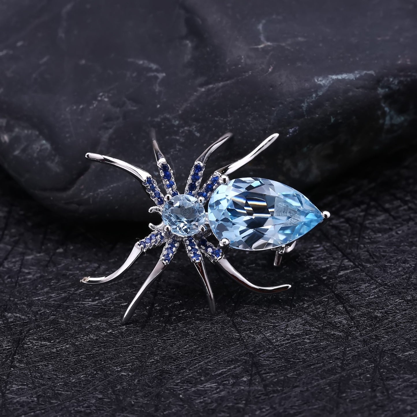 Kemstone 925 Sterling Silver Spider Brooch with 5.36ct Sky Blue Topaz - Insect Series Jewelry,K245024P