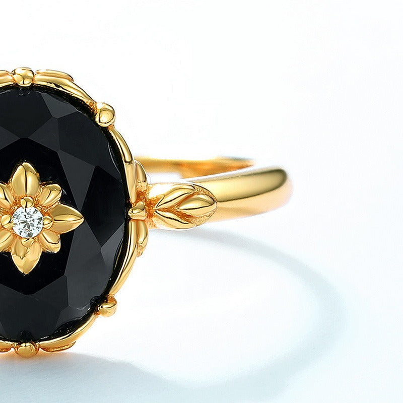 Vintage Black Onyx Ring - Adjustable S925 Silver with 10K Gold-Plated