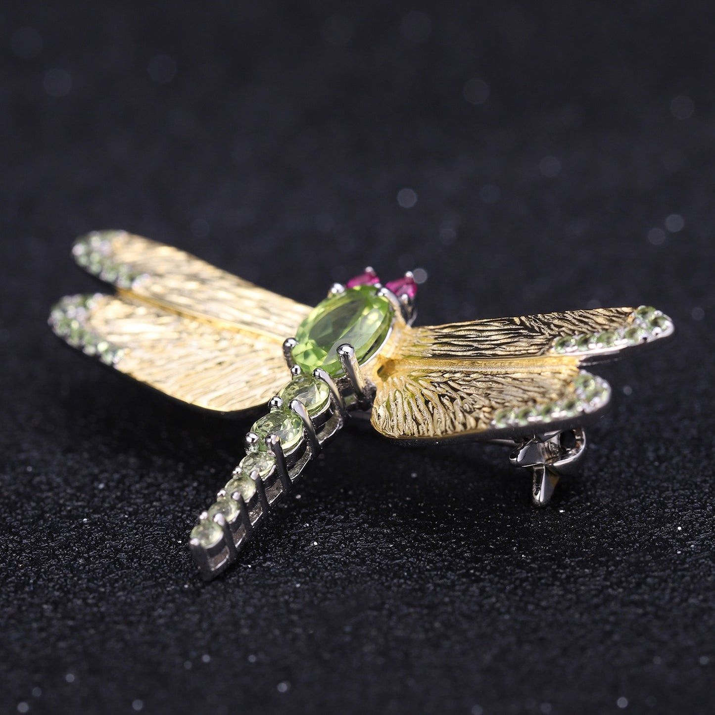 Kemstone 925 Sterling Silver Dragonfly Brooch with Peridot and Lab Created Ruby Accents