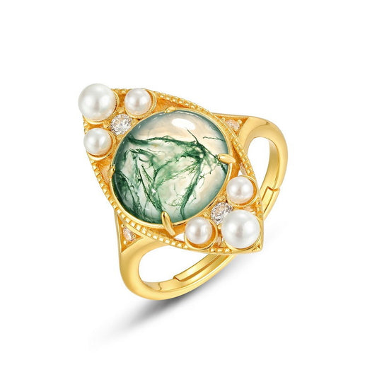 Minimalist Moss Agate Ring - Adjustable S925 Silver with 10K Gold-Plated