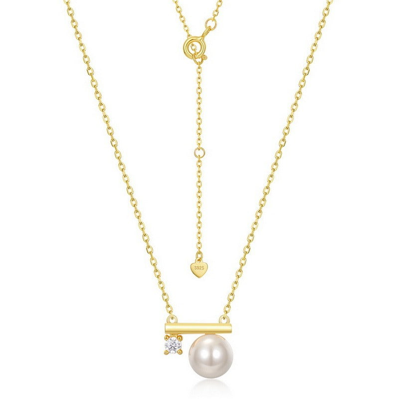 Shell Pearl and Zircon Pendant Necklace, S925 Sterling Silver with 10K Gold Plating