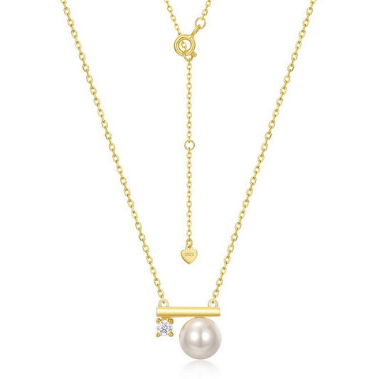 Shell Pearl and Zircon Pendant Necklace, S925 Sterling Silver with 10K Gold Plating