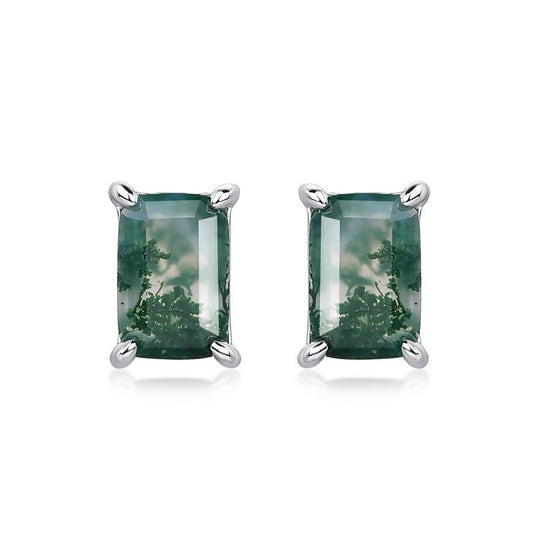 Kemstone Moss Agate Earrings - Geometric Design, S925 Sterling Silver Stud Earrings for Women