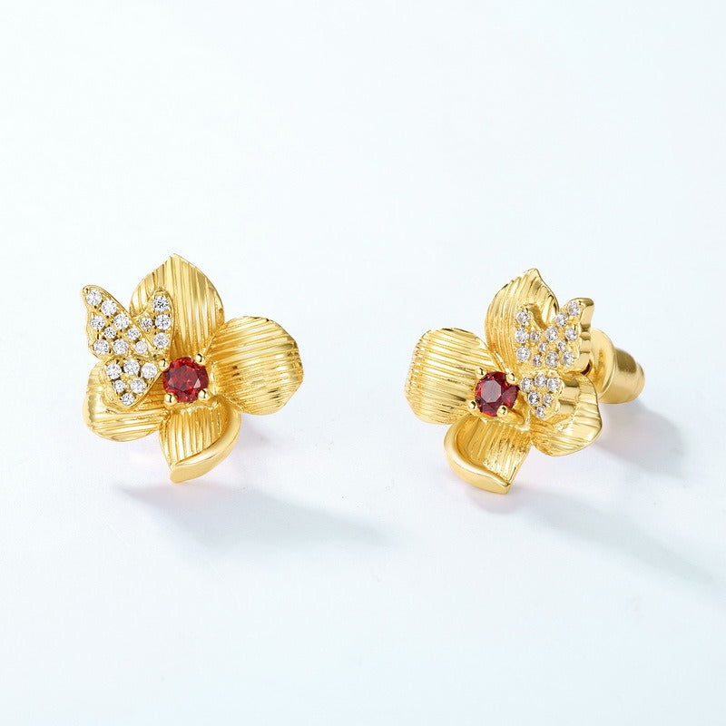 Spring Garden Collection Camellia Flower Garnet Stud Earrings - Original Design S925 Silver Gold-Plated