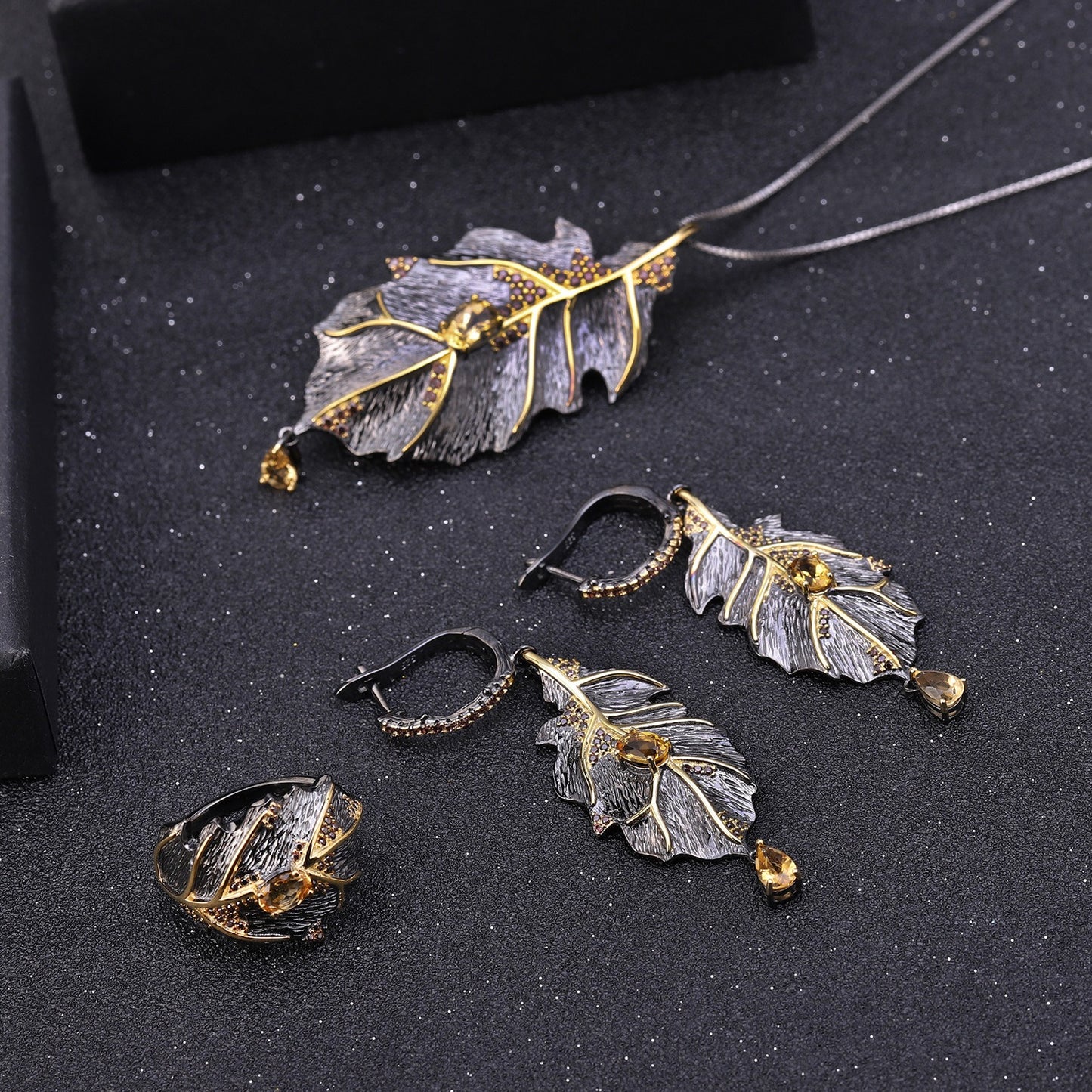 Kemstone Natural Citrine Leaf Pendant Necklace with Smoky Cubic Zirconia Accents, 18",K23526N