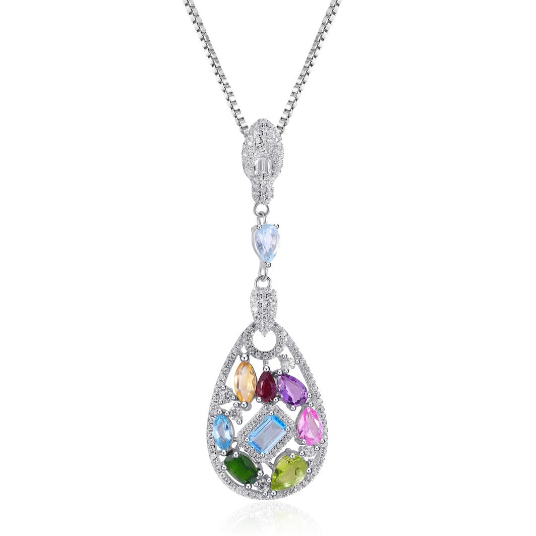 Kemstone Natural Blue Topaz and Multicolored Gemstone Teardrop Pendant Necklace | S925 Sterling Silver | 18" Chain