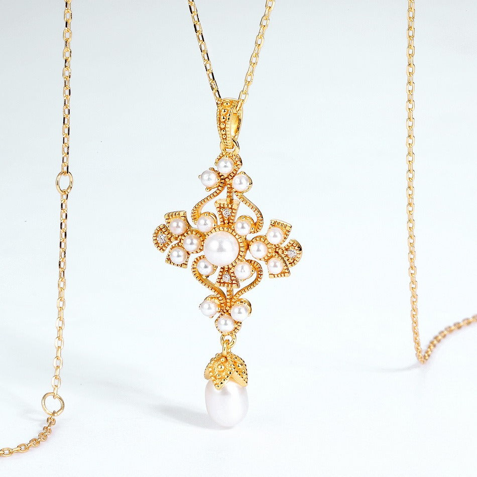 Vintage-Inspired Freshwater Pearl Pendant Necklace, S925 Sterling Silver with 9K Gold Plating