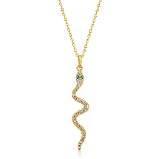 Luxury Snake Pendant Necklace - S925 Silver with Nano Green Zircon and 9K Gold Plating，18”