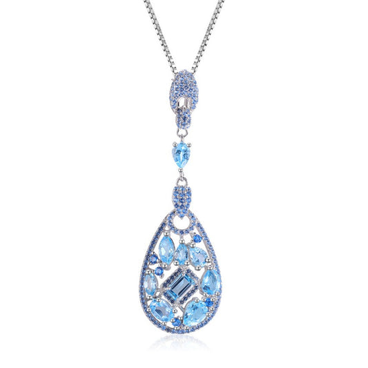 Kemstone Natural Blue Topaz and Multicolored Gemstone Teardrop Pendant Necklace | S925 Sterling Silver | 18" Chain