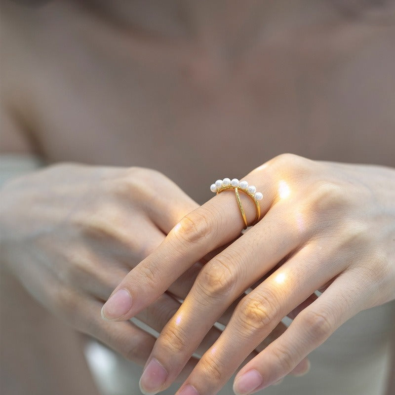 Minimalist Geometric Pearl Ring, Adjustable S925 Sterling Silver with 9K Gold Plating